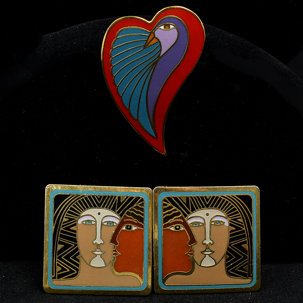 Laurel Burch Signed Enameled Earrings and Pin