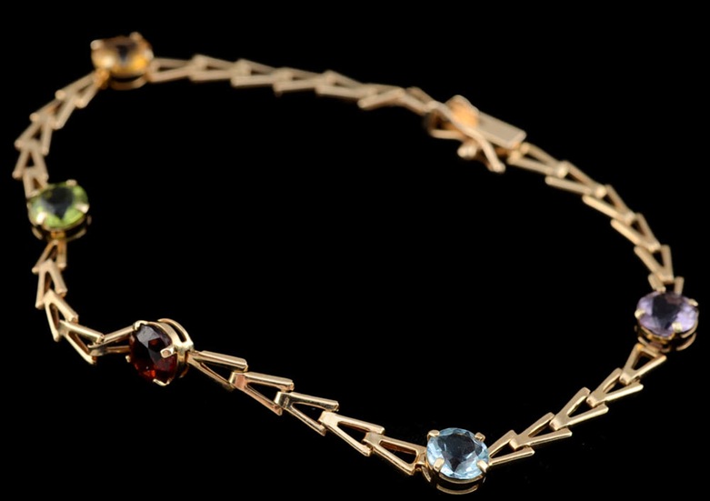 14K Yellow Gold Multi-Color Stone Bracelet and Pierced Earrings and a Brass Link Bracelet with Stones