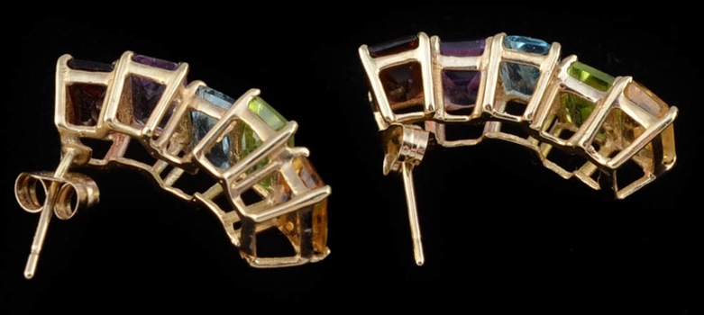 14K Yellow Gold Multi-Color Stone Bracelet and Pierced Earrings and a Brass Link Bracelet with Stones