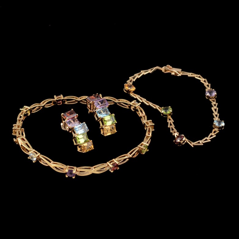 14K Yellow Gold Multi-Color Stone Bracelet and Pierced Earrings and a Brass Link Bracelet with Stones