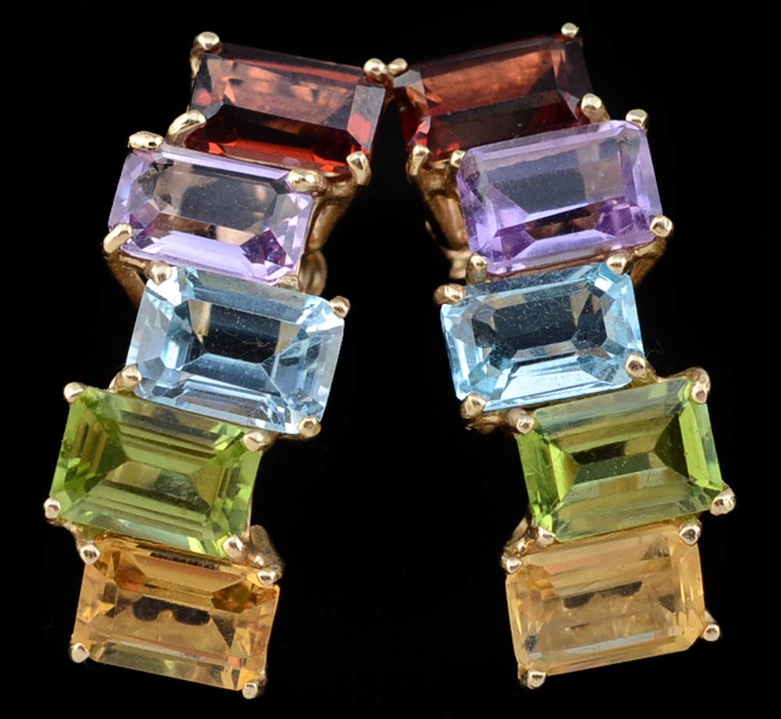 14K Yellow Gold Multi-Color Stone Bracelet and Pierced Earrings and a Brass Link Bracelet with Stones