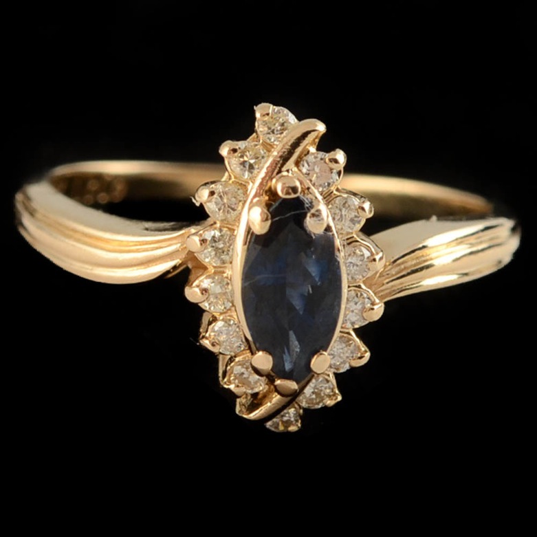 14K Yellow Gold Blue Sapphire and Diamond Ring