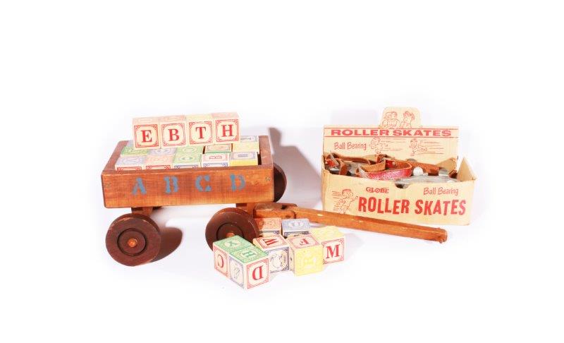 Vintage Wagon with Blocks and Globe Roller Skates