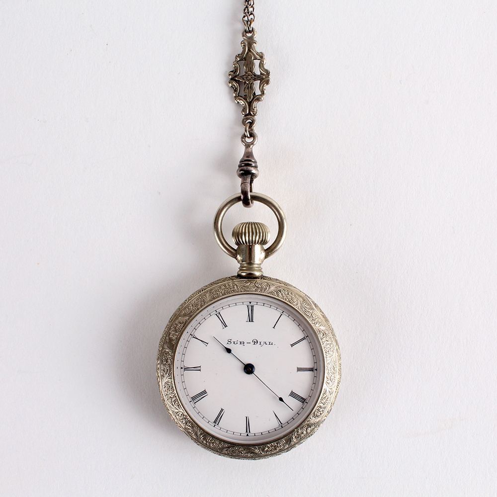 Vintage Sun-Dial Pocket Watch with Sterling Silver Chain