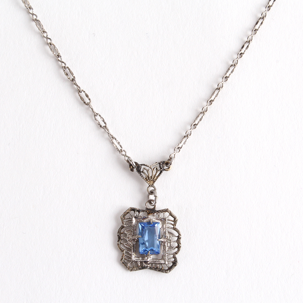 Vintage Blue Zircon Filigree Necklace with Sterling Silver Chain