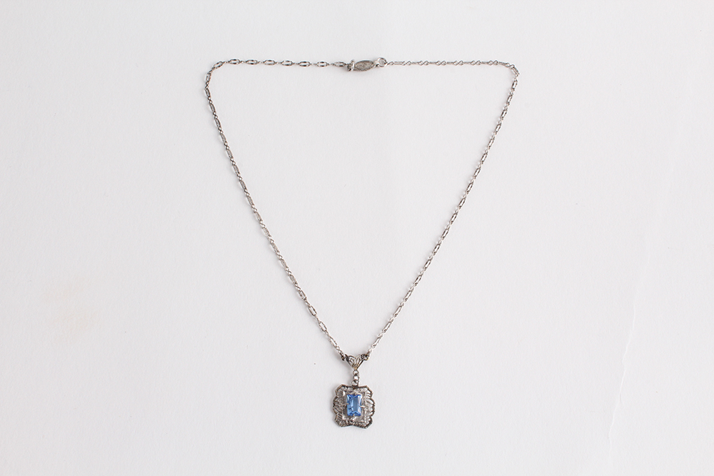 Vintage Blue Zircon Filigree Necklace with Sterling Silver Chain