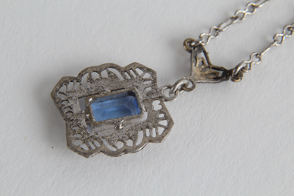 Vintage Blue Zircon Filigree Necklace with Sterling Silver Chain