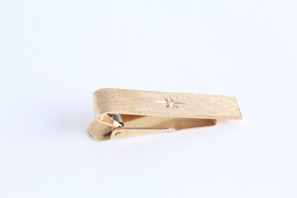 14K Yellow Gold Tie Clip and Tack with Central Diamonds