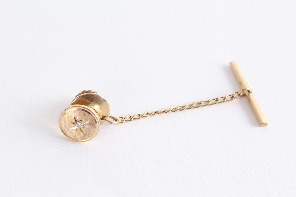 14K Yellow Gold Tie Clip and Tack with Central Diamonds
