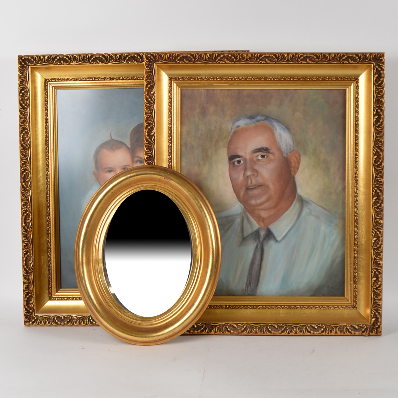Vintage Gilt Framed Paintings and Oval Wall Mirror