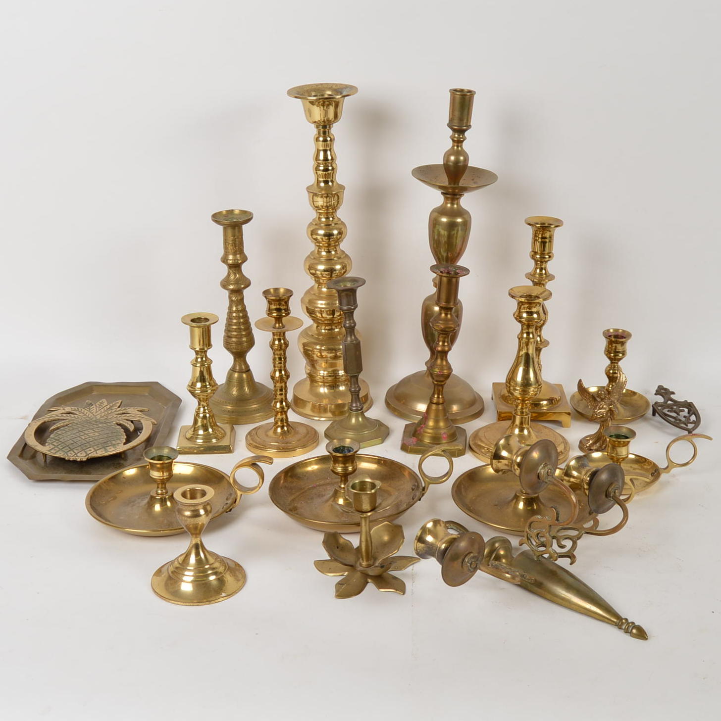 Assortment of Brass Candlesticks and Decor