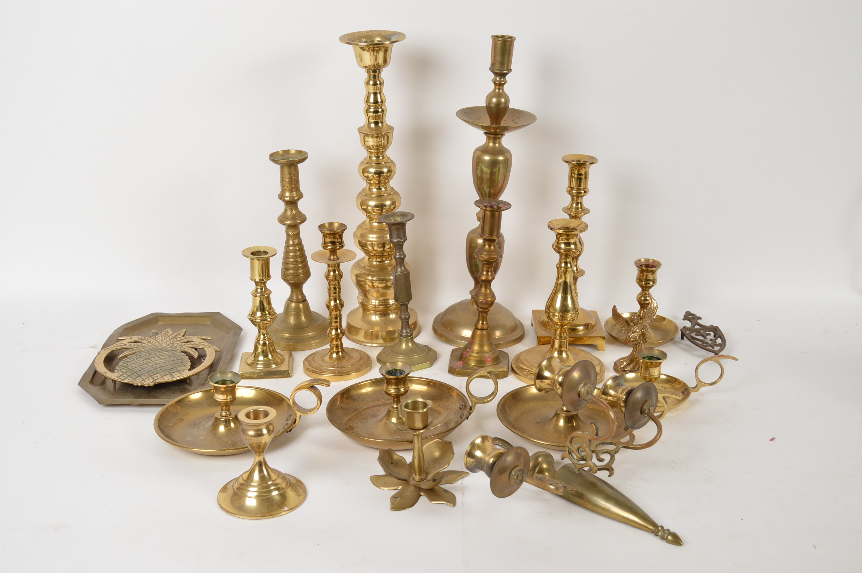 Assortment of Brass Candlesticks and Decor