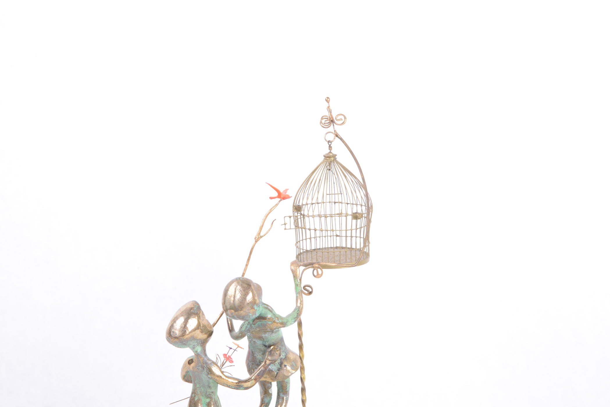 1971 Malcolm Moran Bronze Sculpture of Two Children and a Bird