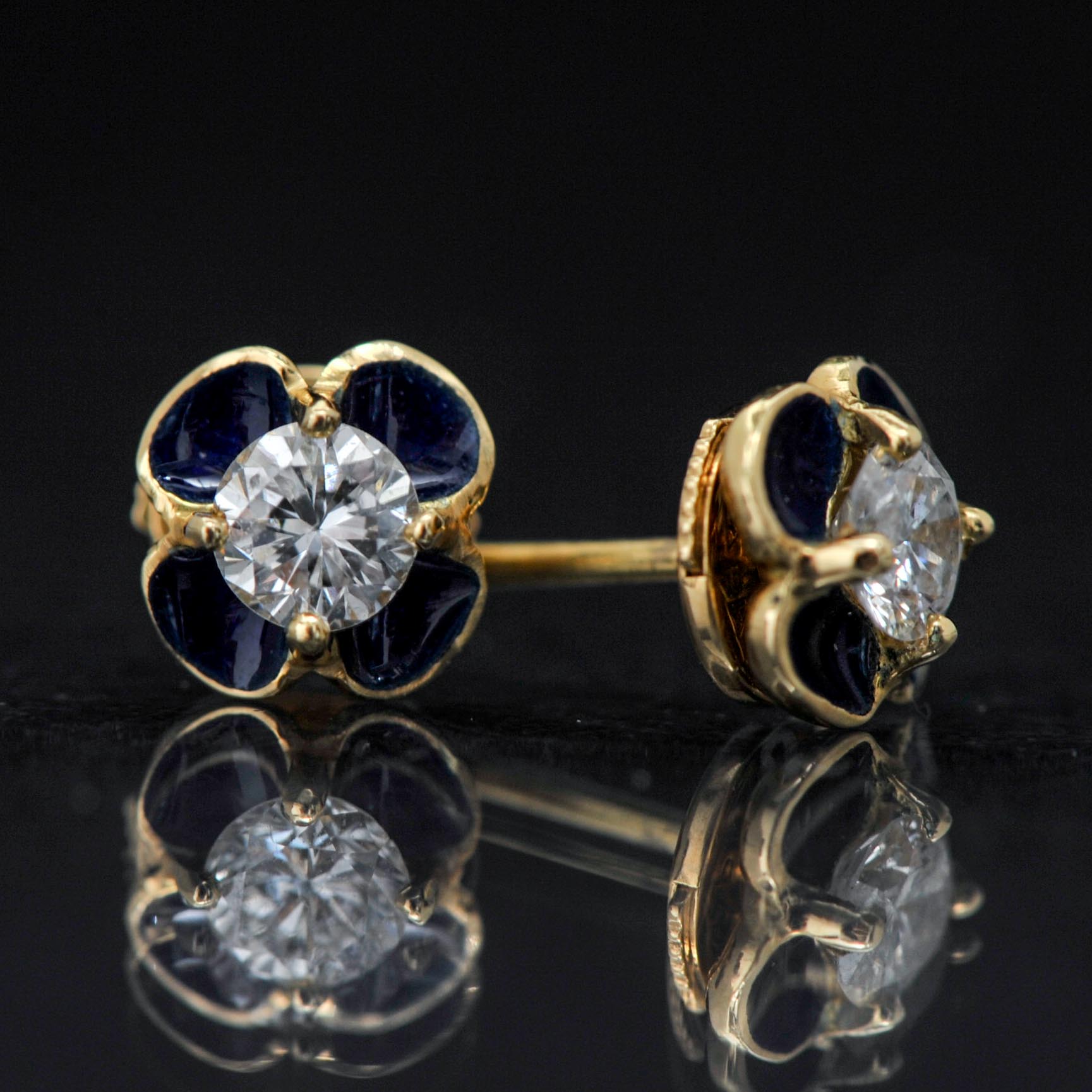 18k Yellow Gold Diamond and Enamel Earrings