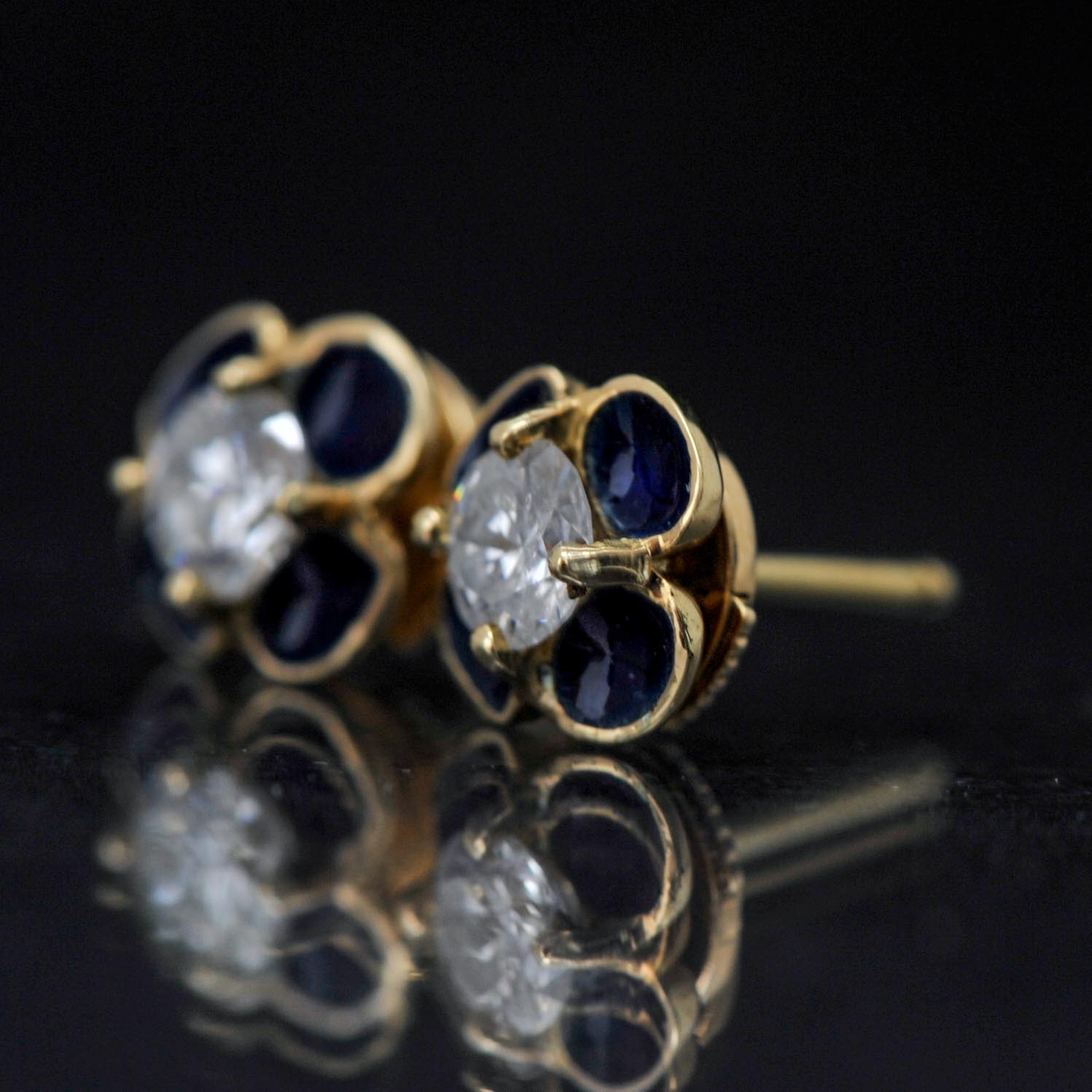 18k Yellow Gold Diamond and Enamel Earrings