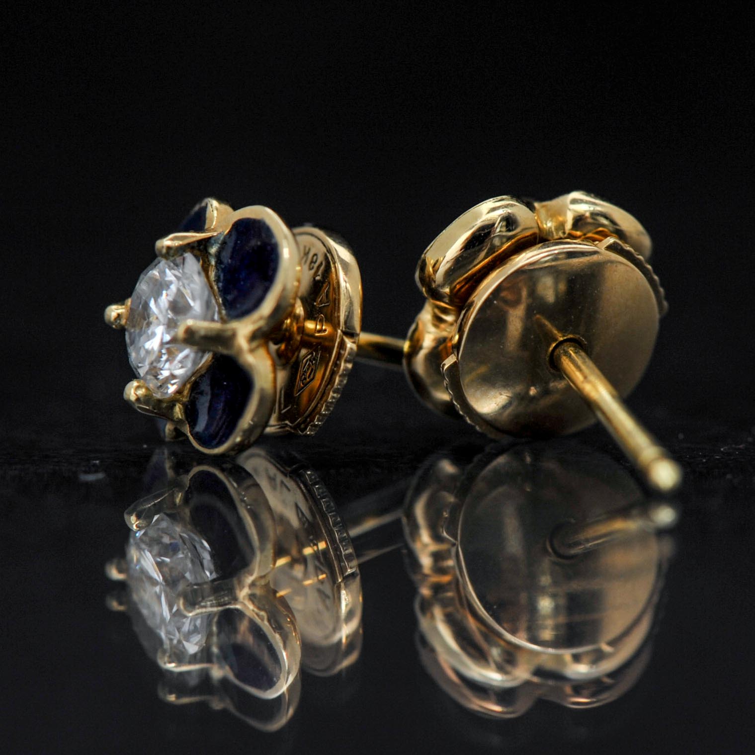 18k Yellow Gold Diamond and Enamel Earrings