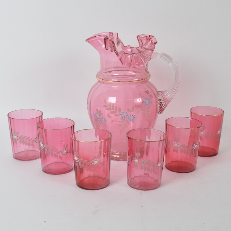 Cranberry Glass Pitcher and Tumblers