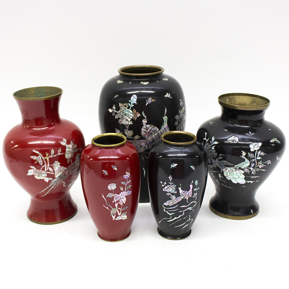 Brass Enamel Mother of Pearl Vase Collection