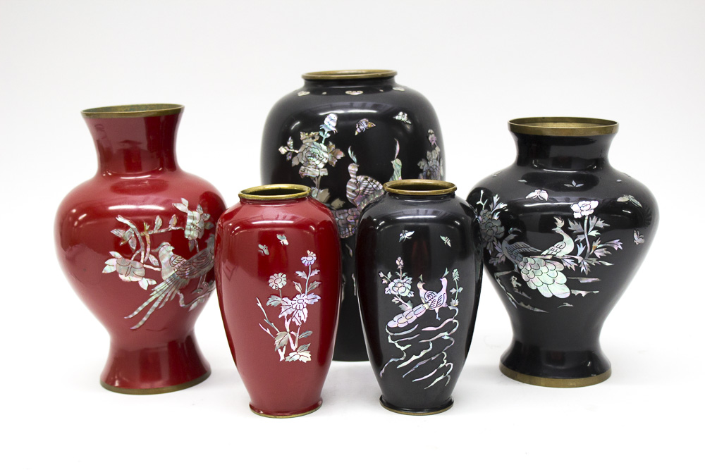 Brass Enamel Mother of Pearl Vase Collection