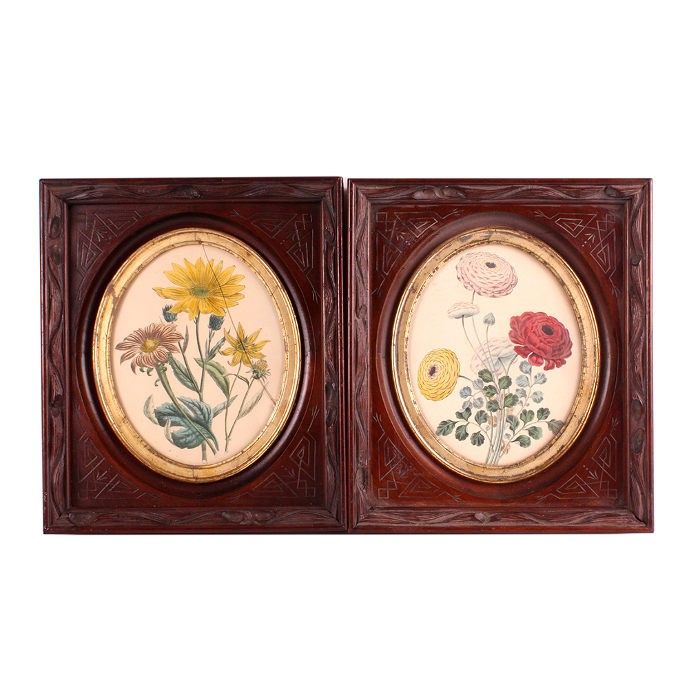 Pair of Floral Lithographs with Ornately Carved Wooden Frames