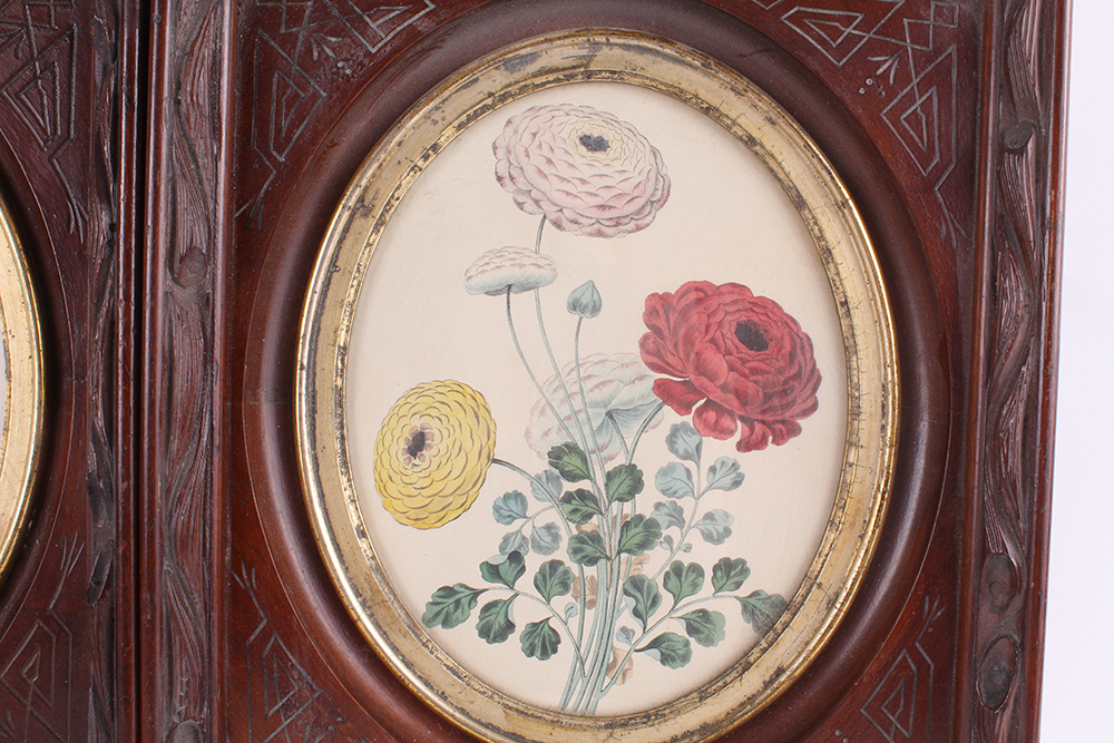 Pair of Floral Lithographs with Ornately Carved Wooden Frames