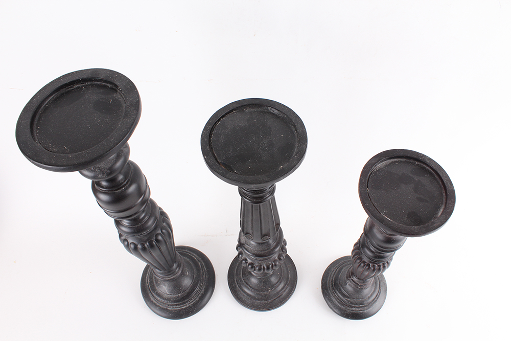 Trio of Black Resin Candle Holders of Graduated Size