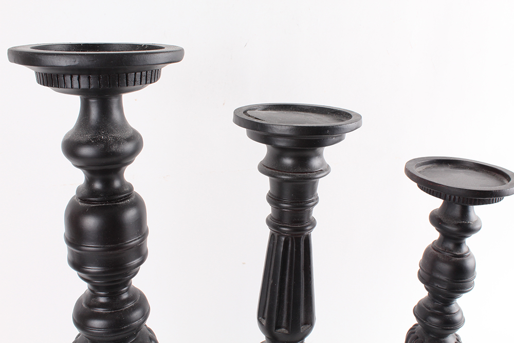 Trio of Black Resin Candle Holders of Graduated Size