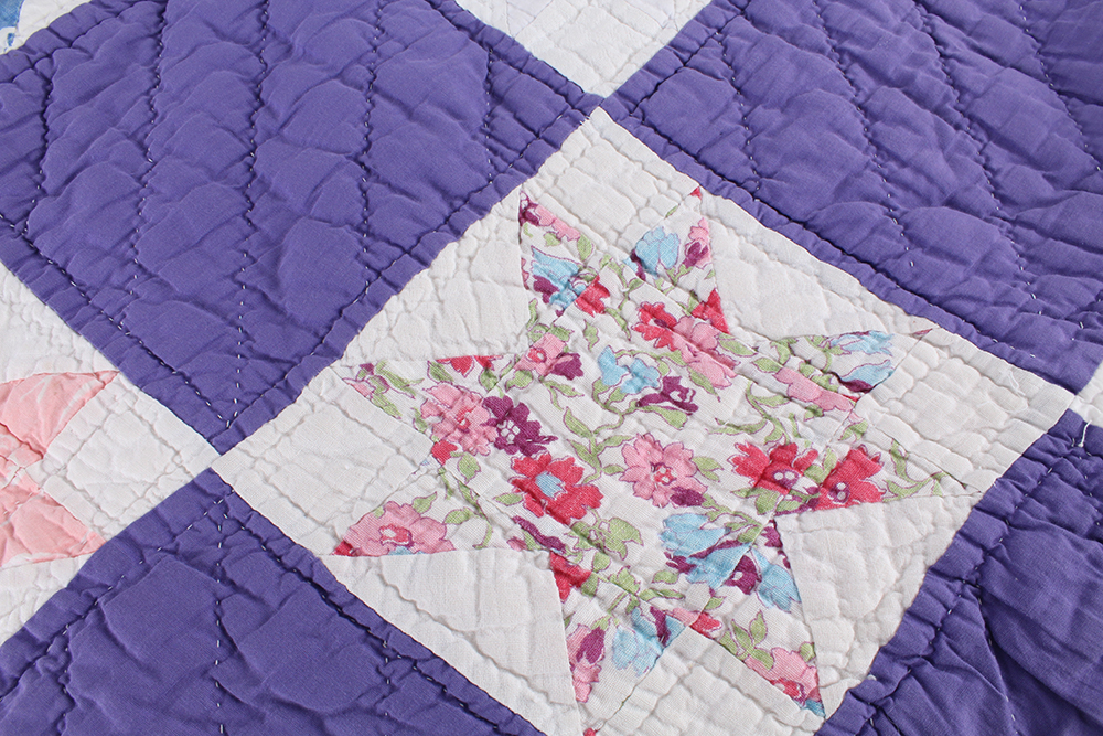 Purple Block Hand Sewn Quilt with Starflower Pattern