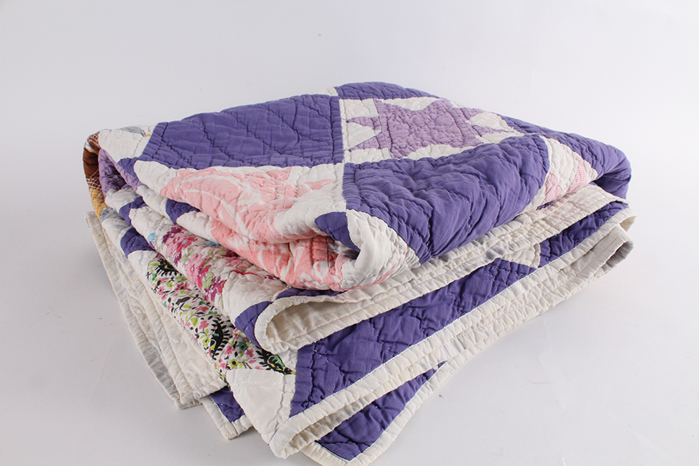 Purple Block Hand Sewn Quilt with Starflower Pattern