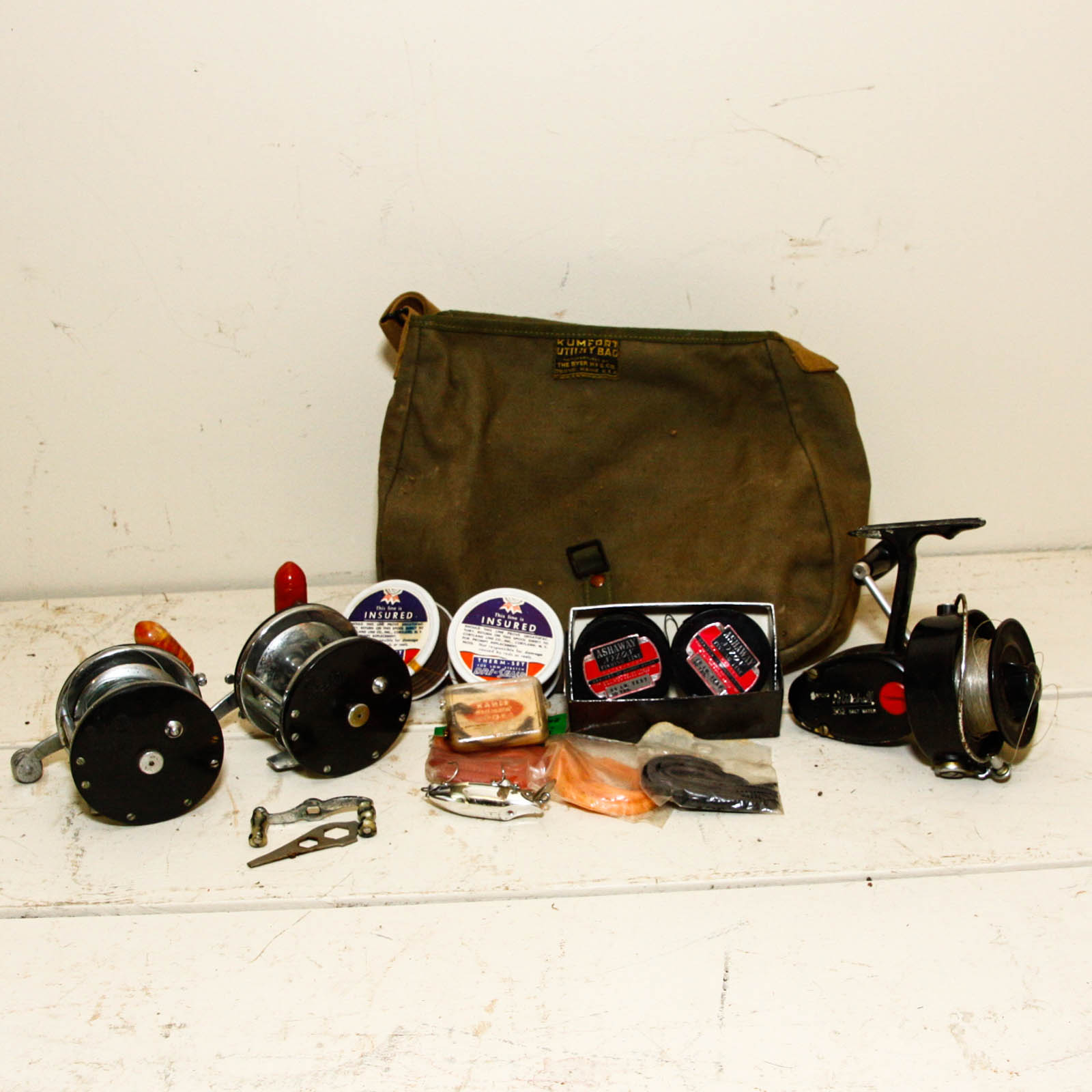 Vintage Kumfort Fishing Bag, Fishing Reels, and Lines