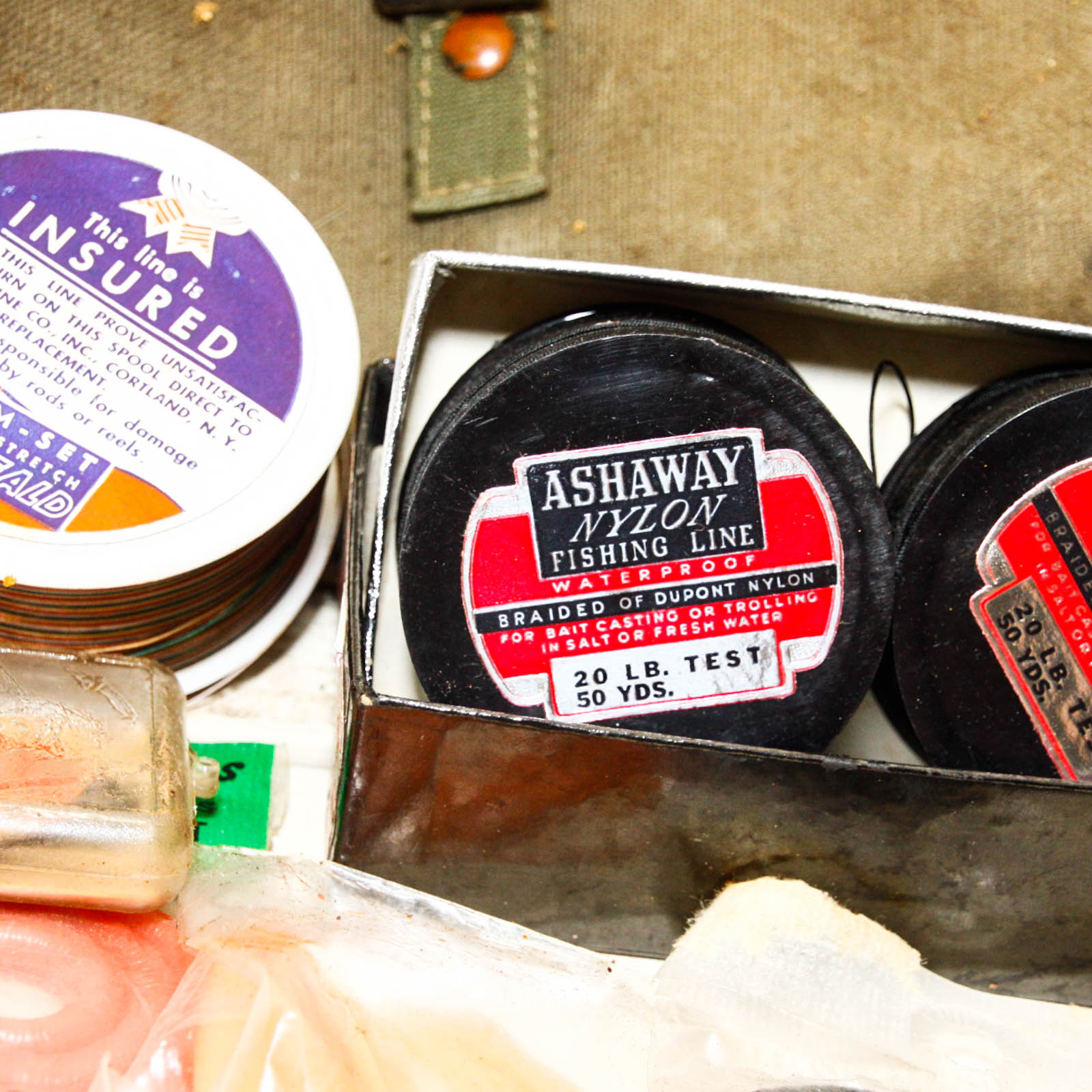 Vintage Kumfort Fishing Bag, Fishing Reels, and Lines