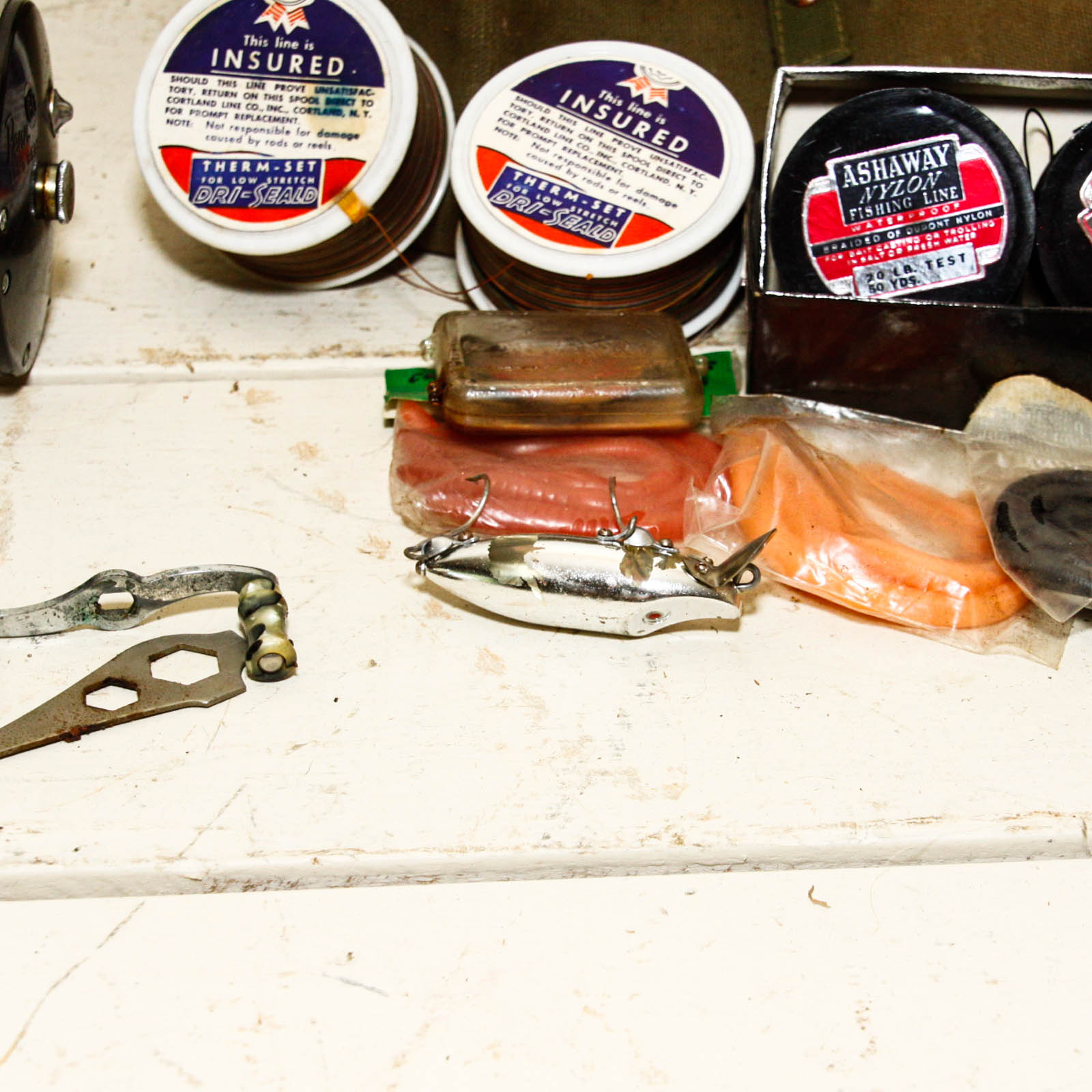 Vintage Kumfort Fishing Bag, Fishing Reels, and Lines