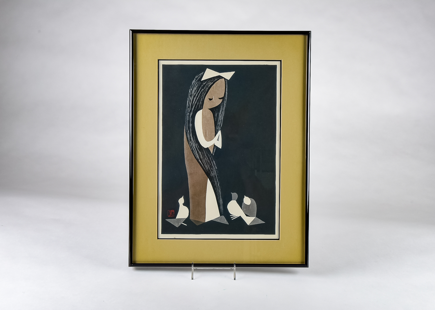 Kaoru Kawano "Doves and Girl" Woodblock Print