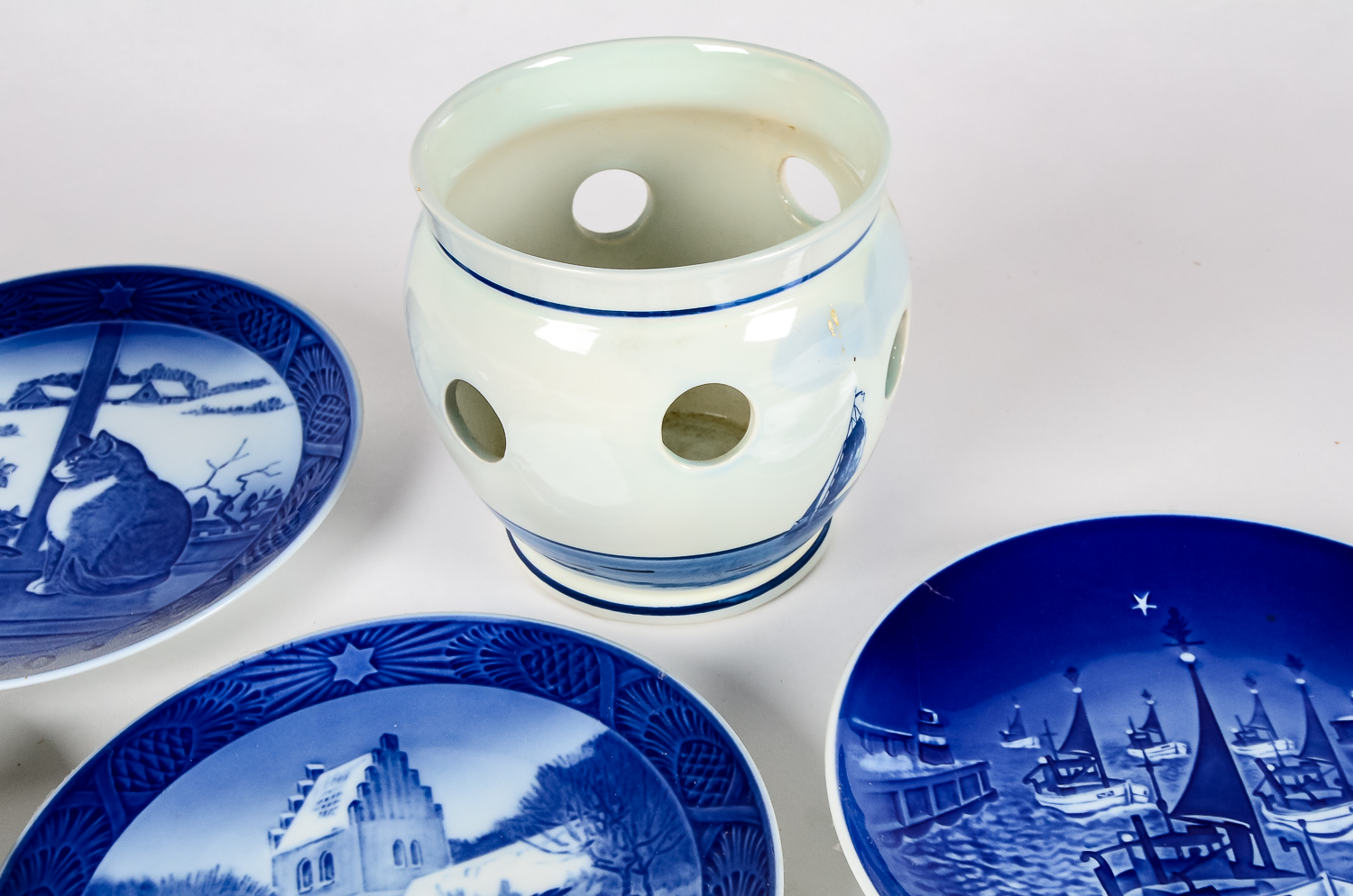 Set of Blue Porcelain Decorative Plates and a Delft Planter