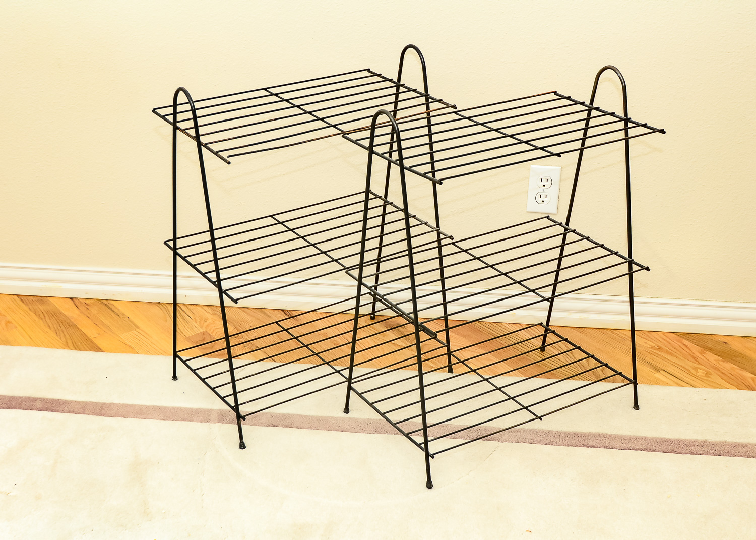 Pair of Mid Century Wire Shelving Racks with A-Shaped Supports