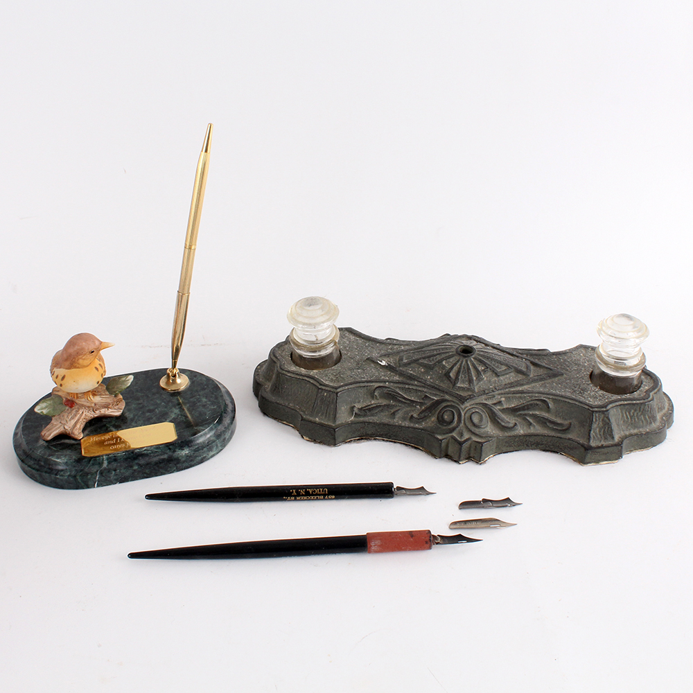 Cast Iron Quill and Ink Well with Pens