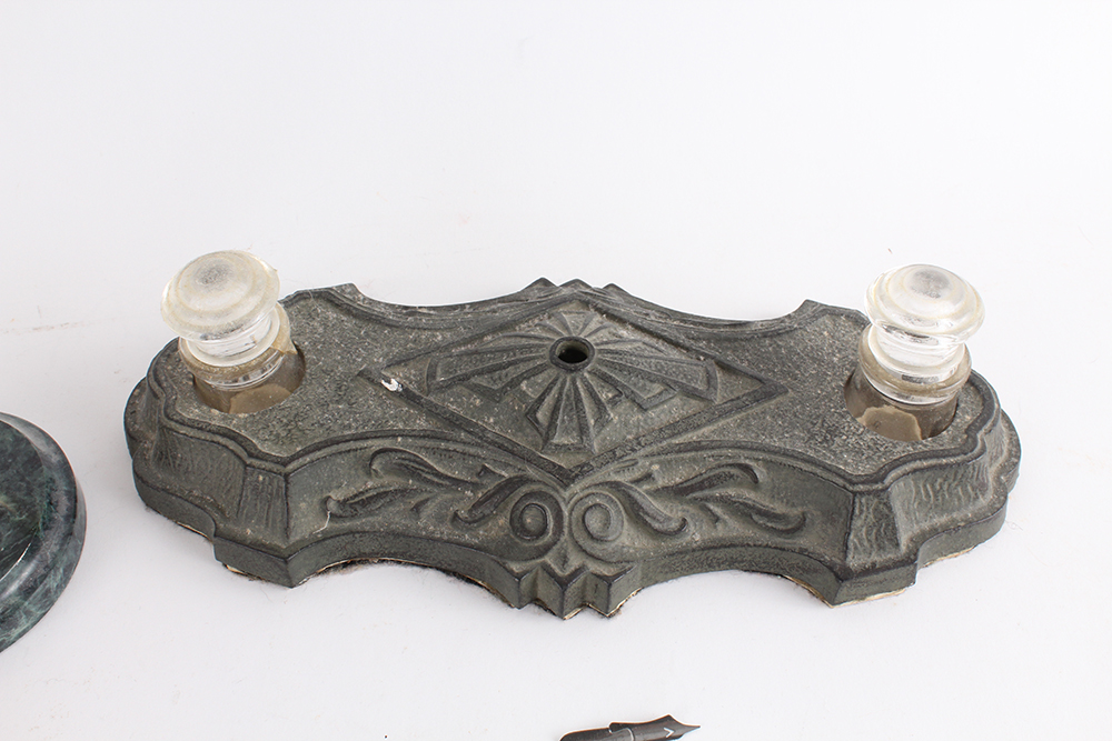 Cast Iron Quill and Ink Well with Pens
