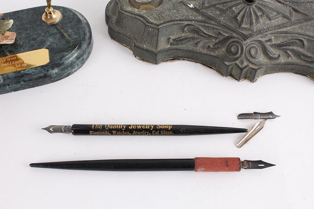 Cast Iron Quill and Ink Well with Pens
