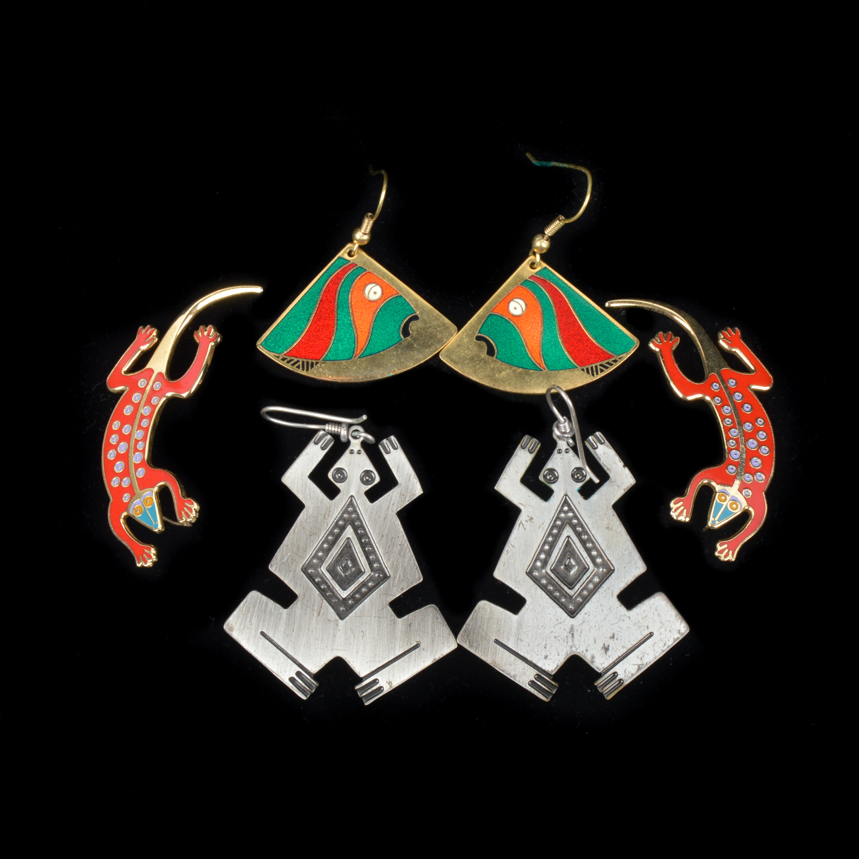 Signed Tribal Animal Earrings, Including Laurel Burch and JS Kao