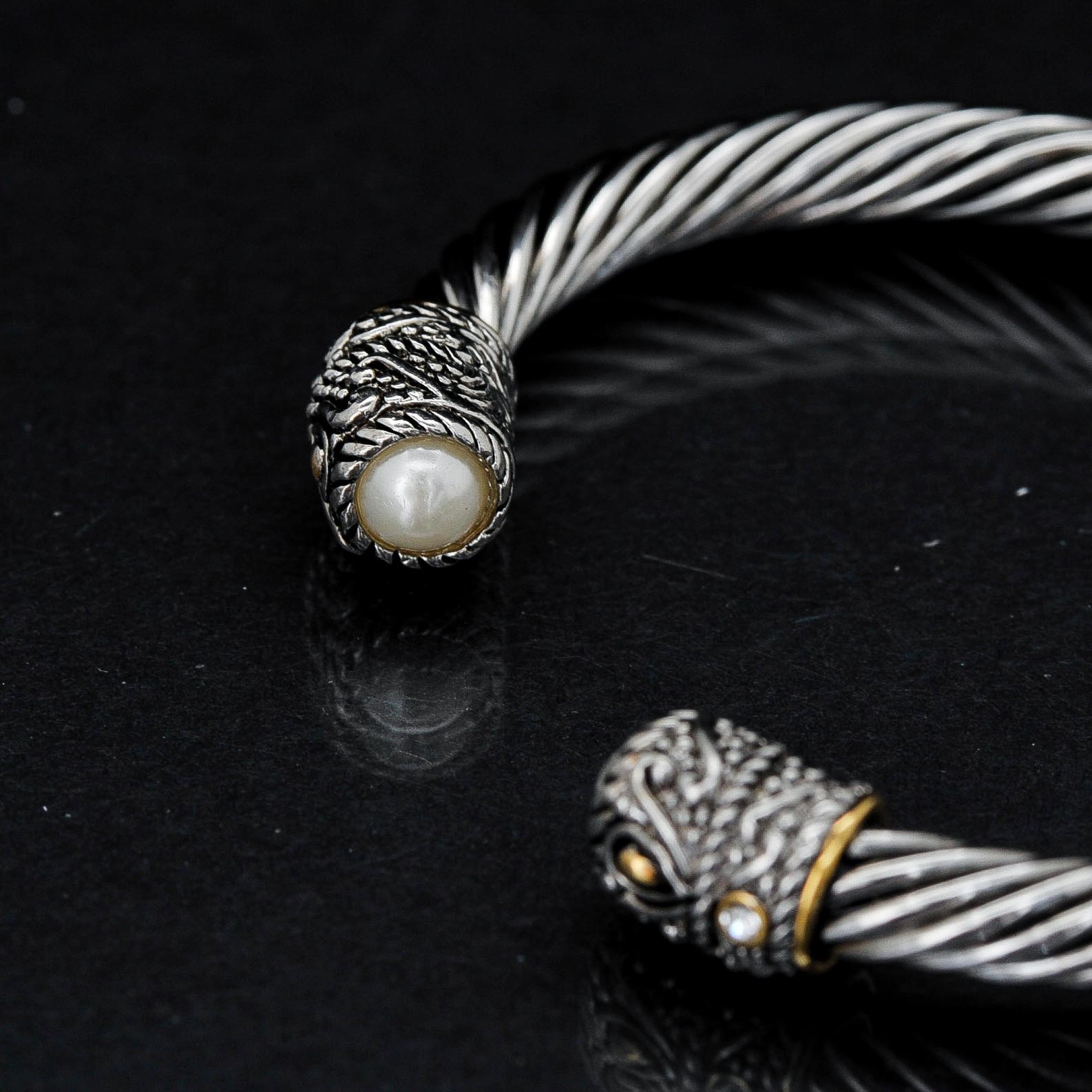 Silver-Tone Cuff Bracelet with Imitation Pearls