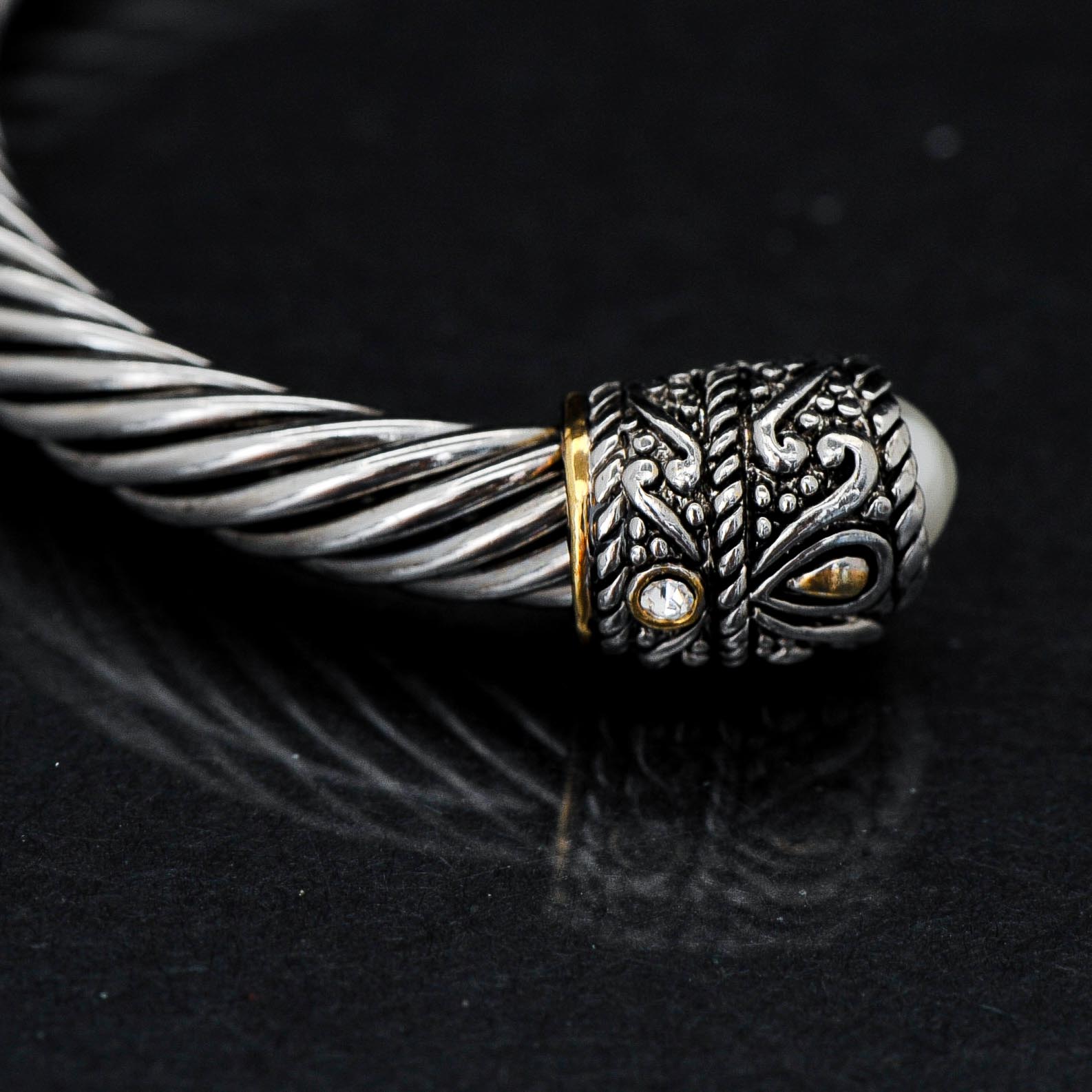 Silver-Tone Cuff Bracelet with Imitation Pearls