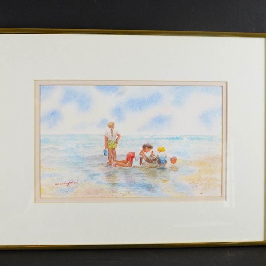 A.B. Stringfellow Children Playing on Beach Watercolor