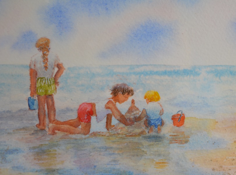 A.B. Stringfellow Children Playing on Beach Watercolor