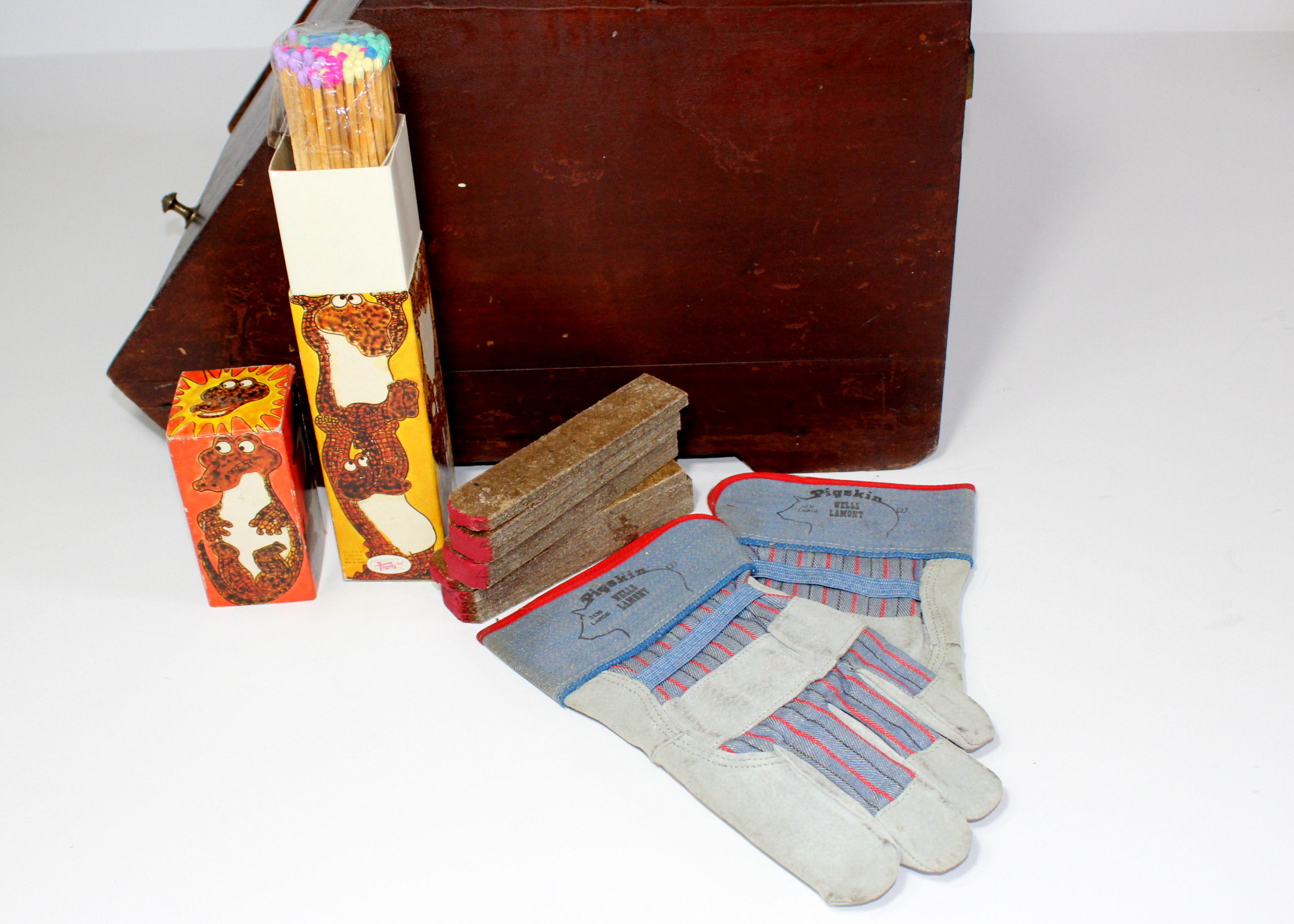 Antique Wood Coal Box With Fireplace Accessories