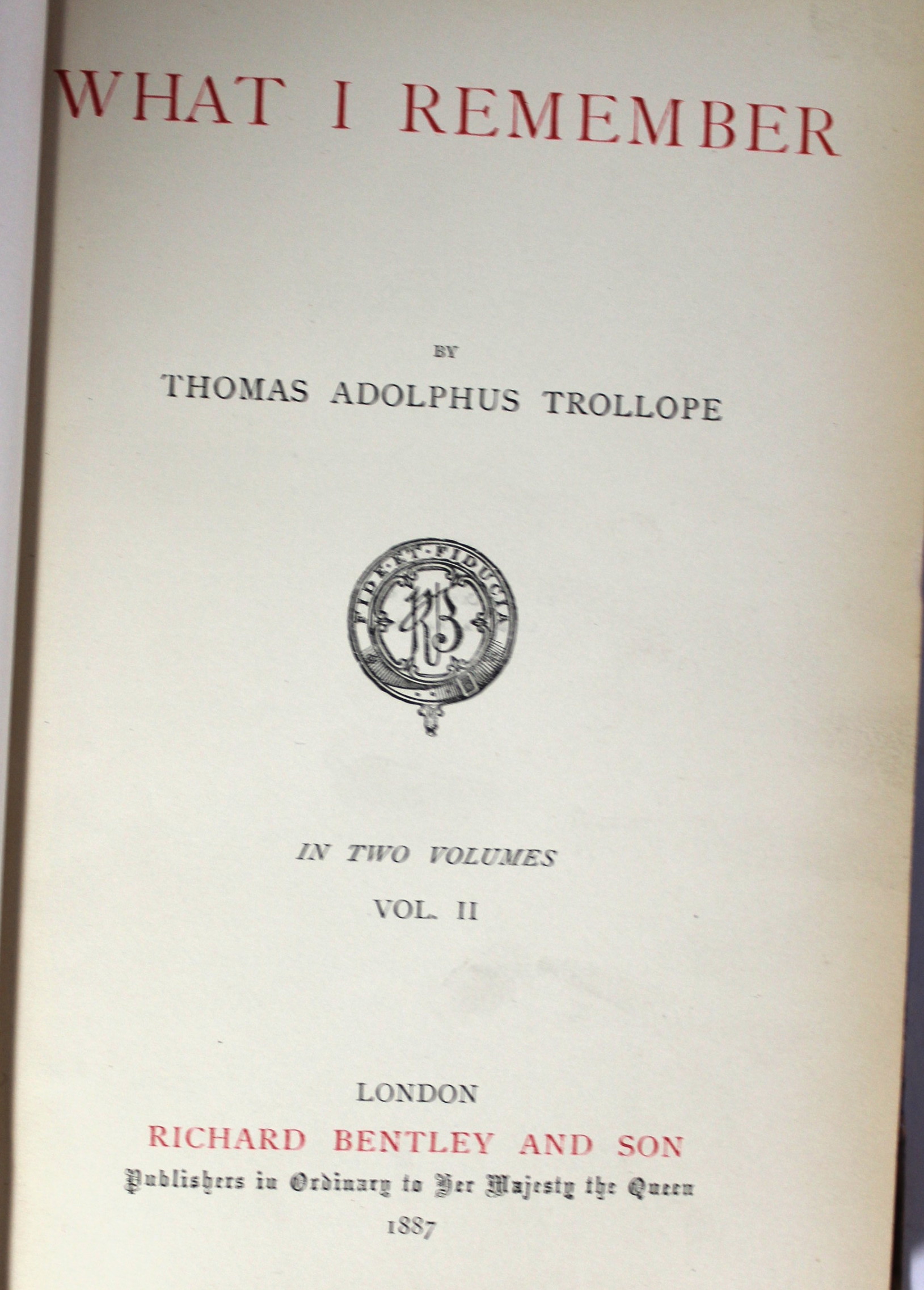 Two-Volume Set of Trollope's "What I Remember" Dated 1887