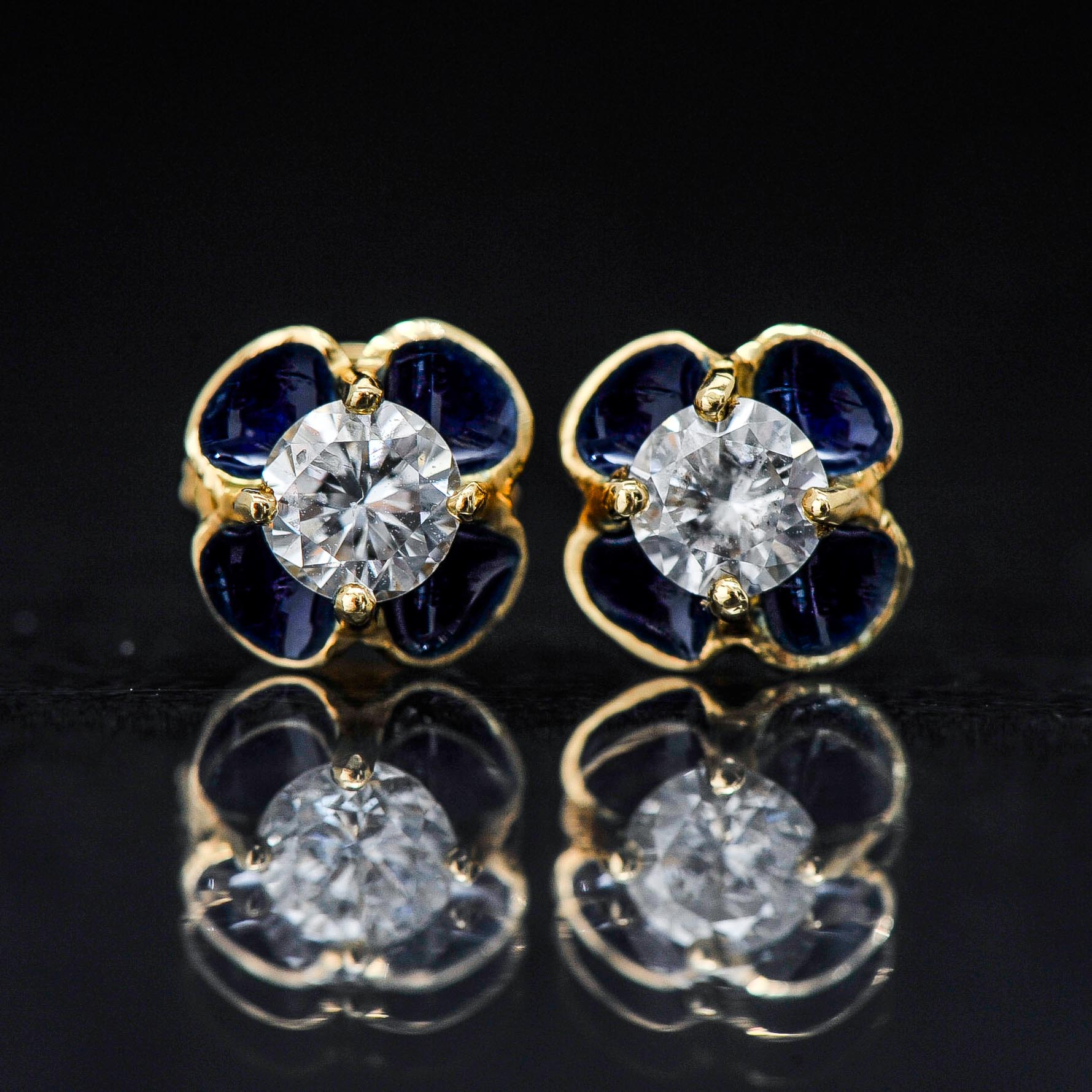 18k Yellow Gold Diamond and Enamel Earrings