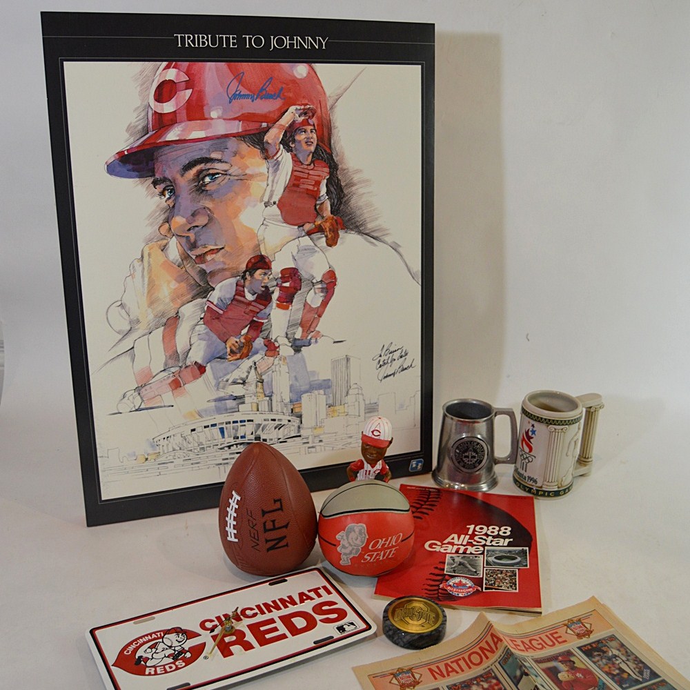 Baseball Memorabilia with Signed Johnny Bench Poster