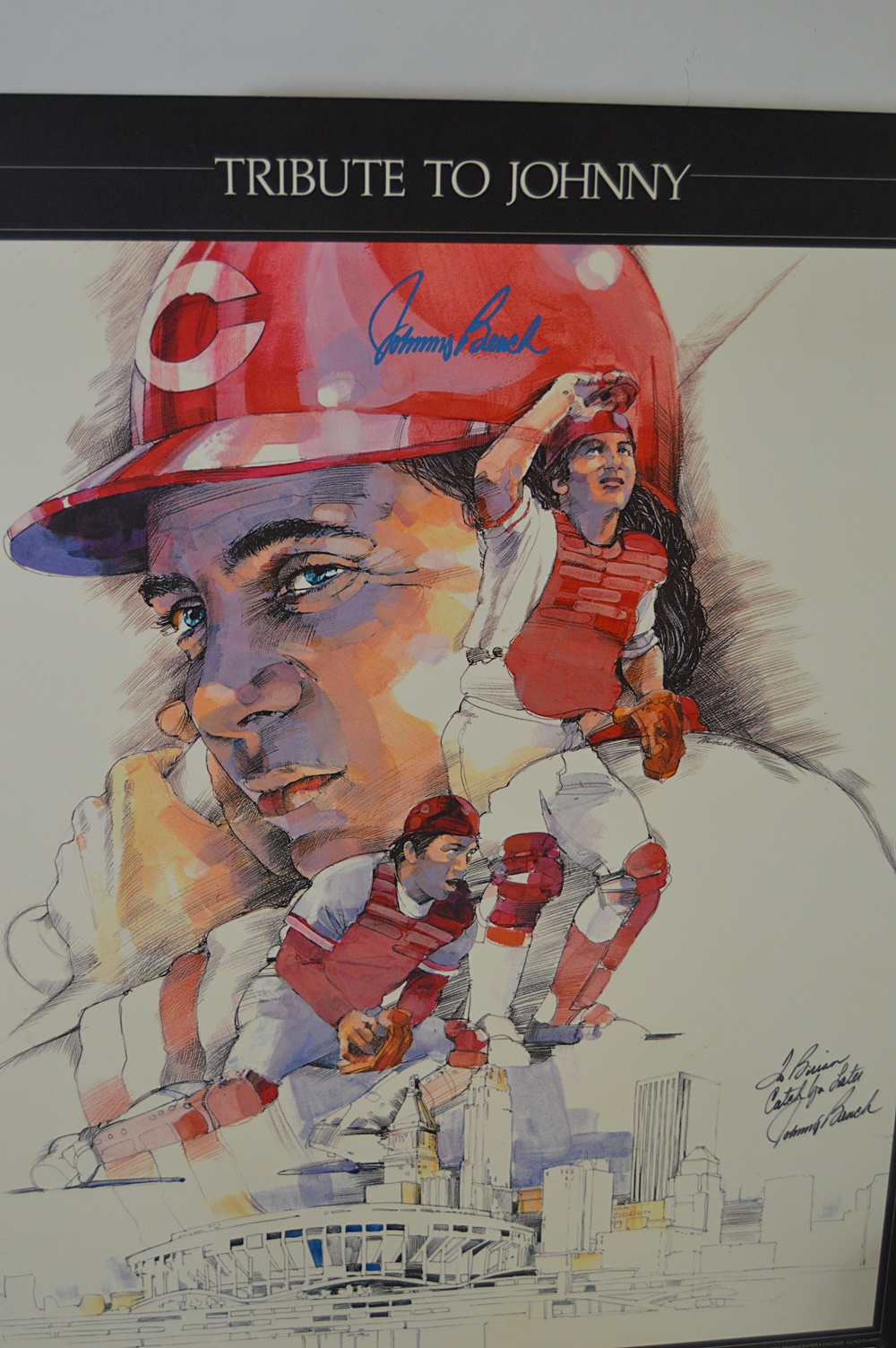 Baseball Memorabilia with Signed Johnny Bench Poster
