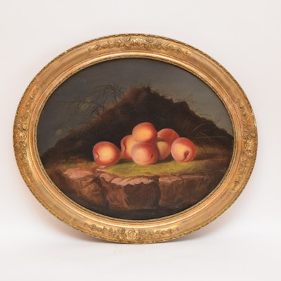 German Romantic School Oil on Canvas "Still Life with Peaches on a Cliff" c. 1850 German Romantic School Oil on Canvas "Still Life with Peaches on a Cliff" c. 1850