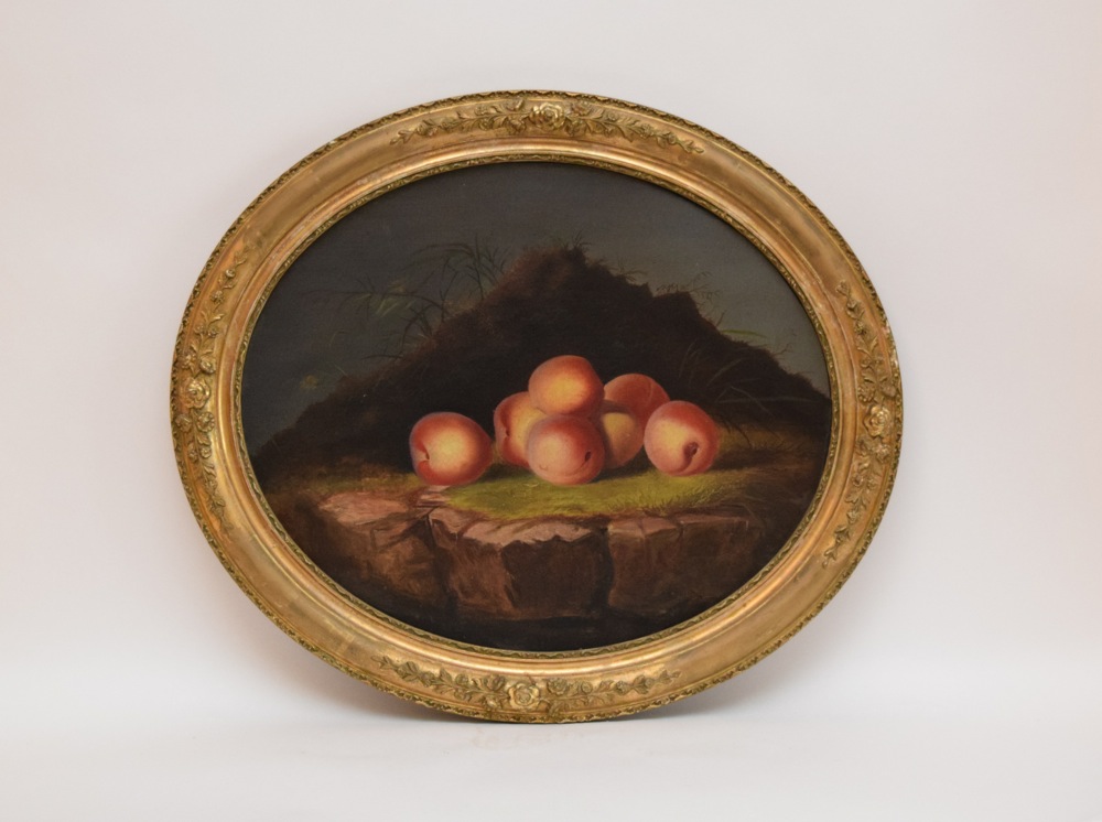 German Romantic School Oil on Canvas "Still Life with Peaches on a Cliff" c. 1850